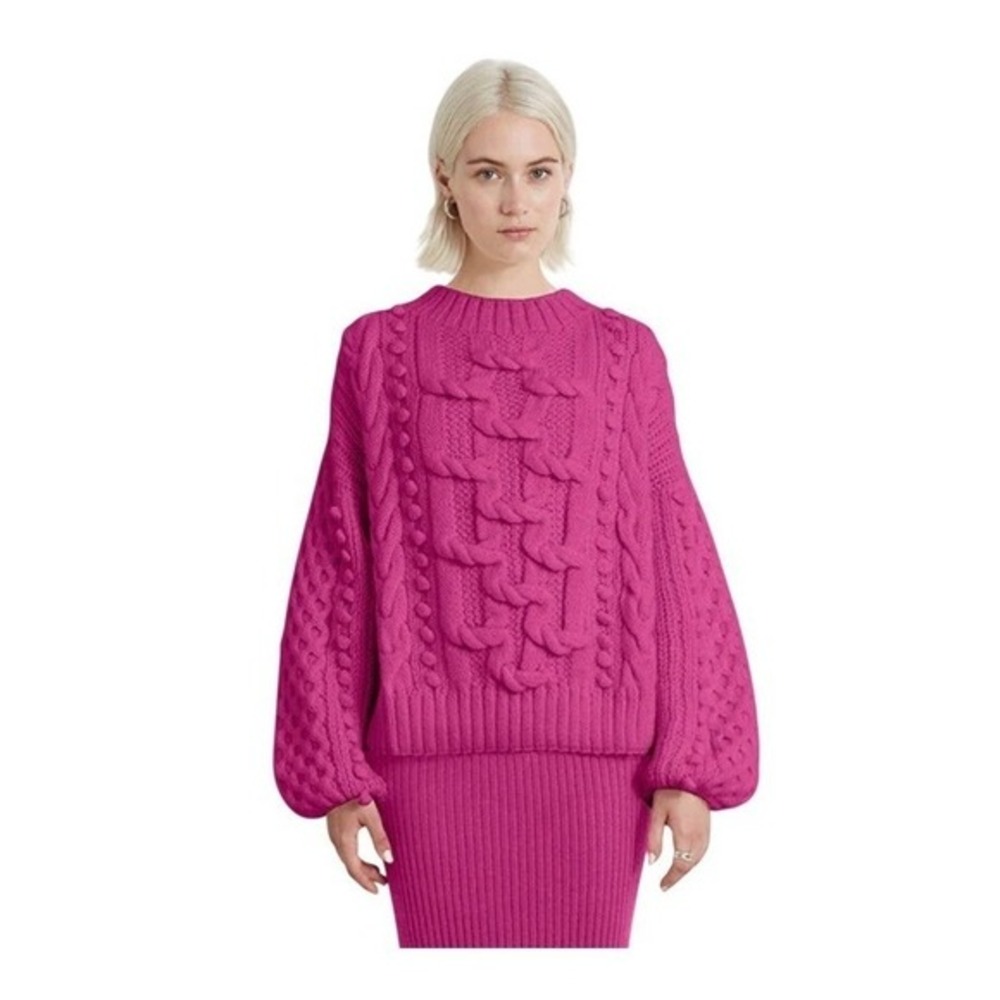 Eleven Six Aurora Alpaca Wool Cable Knit Sweater Fuschia Pink Blouson Sleeve M/L